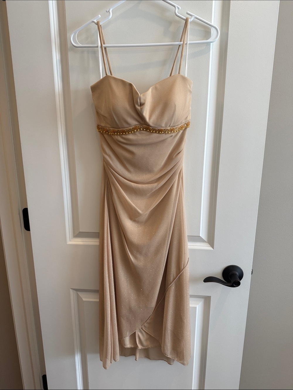 Ruby Rox Gold-Beige Spaghetti Strap Midi Dress with Beaded Accent